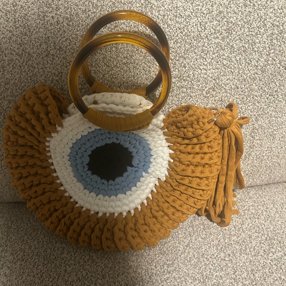 Handcrafted Mustard and White Crochet Bag with Wooden Handles